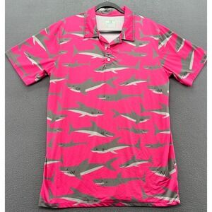 Obnoxious Golf Polo Shirt Mens Sz M Shark Print Pink Short Sleeve